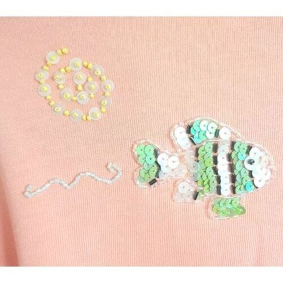 Quacker Factory Large 3/4 Sleeve Beaded Embellished Fish Coral Orange T-Shirt - Picture 5 of 6